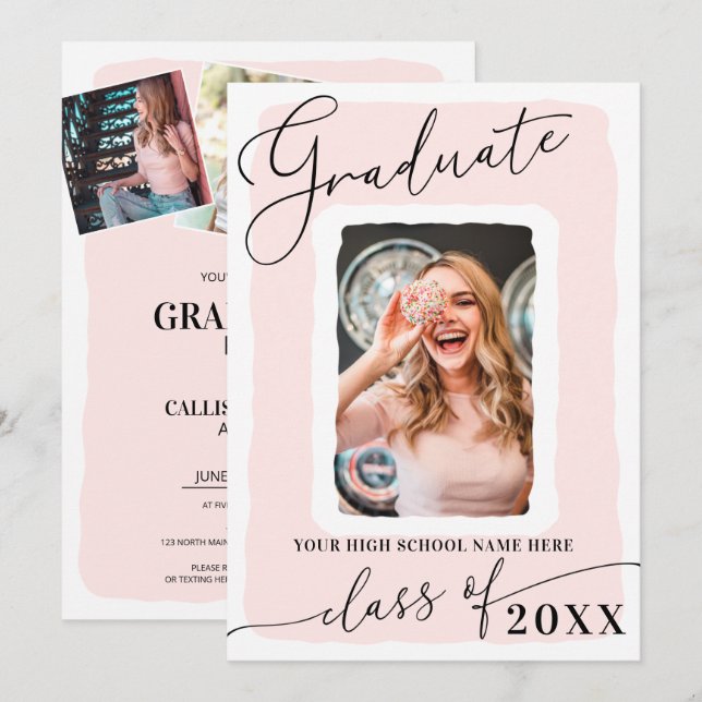 Modern Girly Rosa White Ram Photo Studenten Inbjudningar (Fram/baksida)