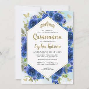 Modern Girly Royal Blue Blommigt Guld Quinceañera Inbjudningar