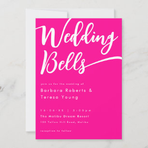 Modern Girly Shock rosa Klockor Calligraphy Bröllo Inbjudningar