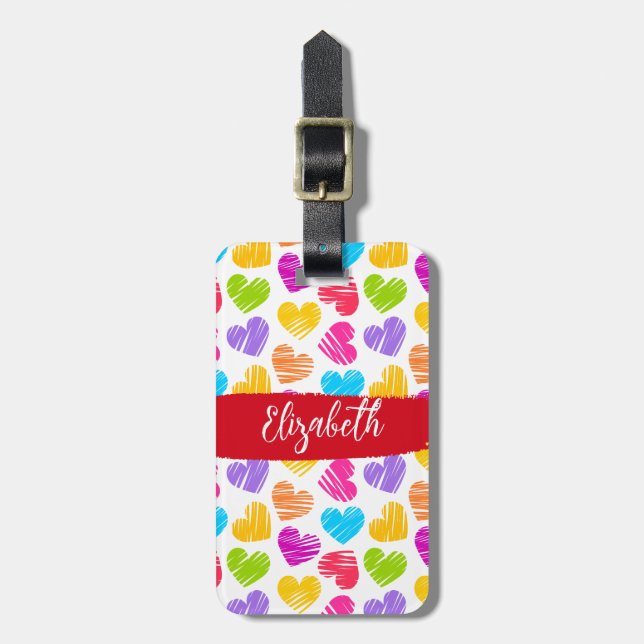 Modern Girly Vibrant Doodled Hearts Mönster Namn Bagagebricka (Vertikal Framsida)