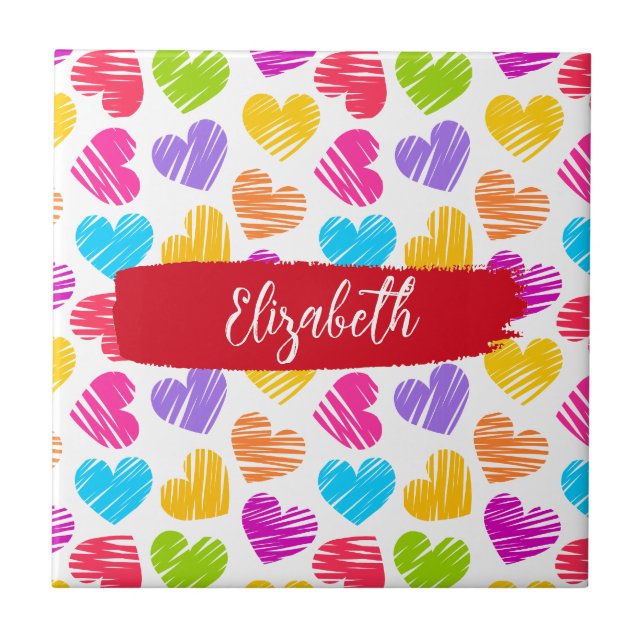 Modern Girly Vibrant Doodled Hearts Mönster Namn Kakelplatta (Framsidan)