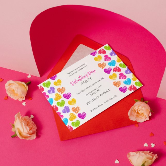 Modern Girly Vibrant Hearts Valentine Day Party Inbjudningar (Skapare uppladdad)