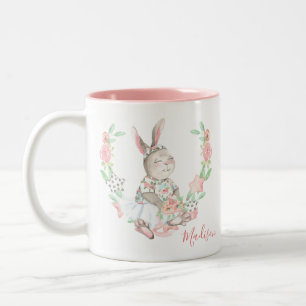Modern Girly Watercolor Blommigt Bunny Rabbit Namn Två-Tonad Mugg