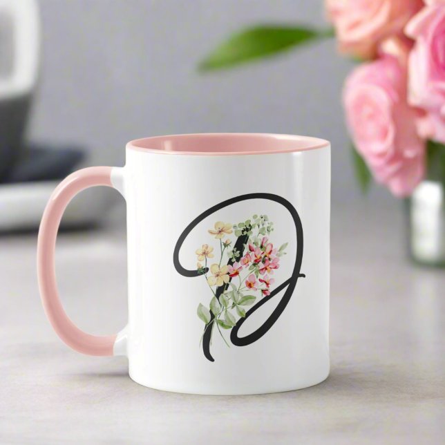 Modern Girly Watercolor Flowers Initial ’D’ Mugg (Skapare uppladdad)