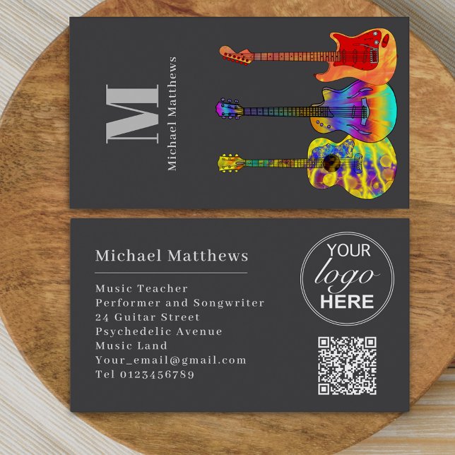 Modern Gitarr Musiklärare Musiker Logo QR-kod Visitkort (Modern guitar music tutor professional musician logo qr code Business card)