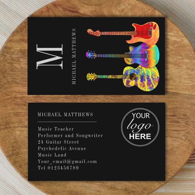 Modern Gitarr Musiklärare Musiker Logotyp Visitkort (Stylish guitar teacher musician custom logo business card)
