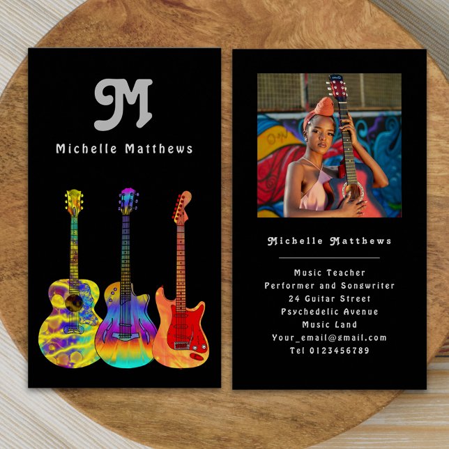 Modern gitarrlärare professionell musiker foto visitkort (Retro Modern guitar music teacher musician photo Business card colorful acoustic electric guitars)