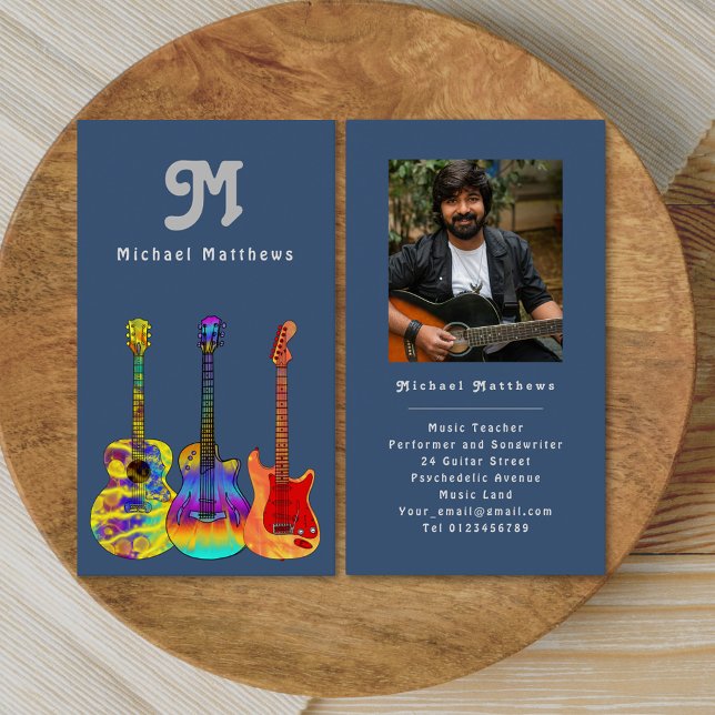 Modern gitarrlärare professionell musiker foto visitkort (Retro guitar music teacher custom photo business card)