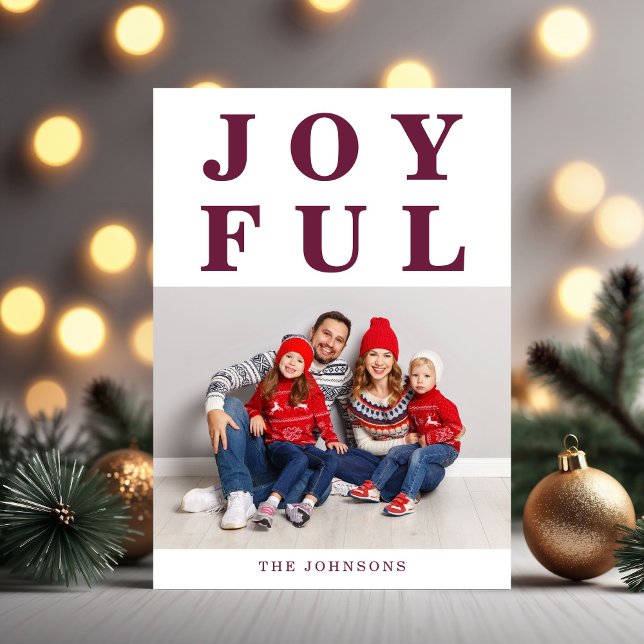 Modern Glad Burgunder Jul Foto Julkort (Modern Joyful Burgundy Christmas Photo Holiday Card)