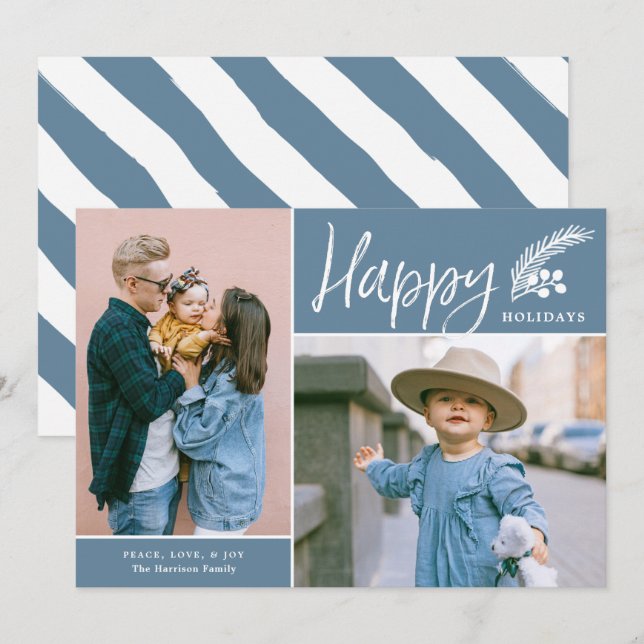 Modern Glad helg 2 fotoblå Julkort (Fram/baksida)