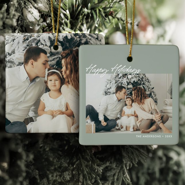 Modern Glad helg Anpassningsbar Message 2-Photo Julgransprydnad Keramik (Skapare uppladdad)