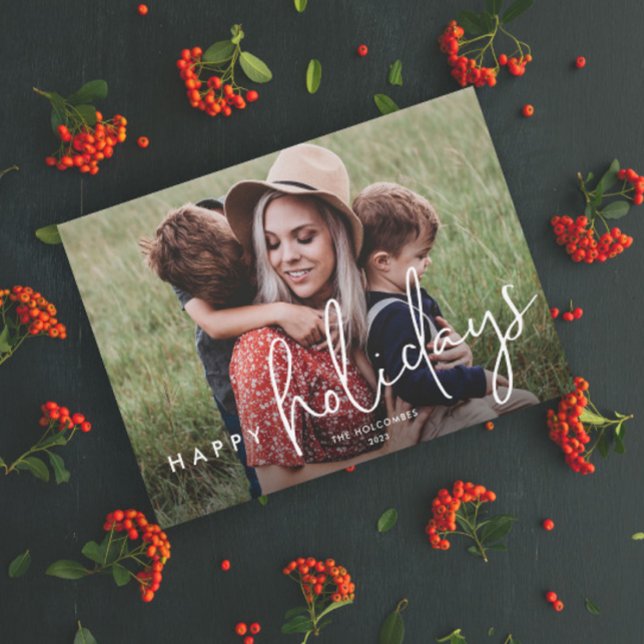 Modern Glad helg - enkelt foto Julkort (Modern Script Happy Holidays Photo Holiday Card with Handwritten Typographic Overlay.)
