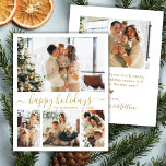 Modern Glad helg Guld Script 4 Photo Collage<br><div class="desc">Budgeterat minialistiskt Guld Calligraphy 4 Photo Collage God jul Script Helgdag Card. Den här snygga, enkla, fyra (4) fotokortsmallen innehåller en söt fotokollage och säger "God jul"! Texten "God jul" hälsning är skriven på ett vackert handskrivet sätt som är mycket nyktert i svan i guld på vit färg-bakgrund. På baksidan...</div>