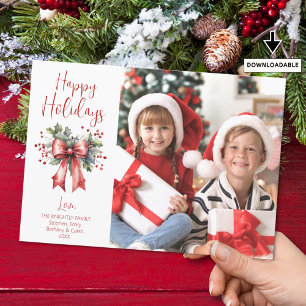 Modern GLAD HELG Photo Red Bow Script Julkort