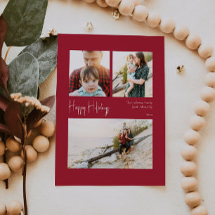 Modern Glad helg   Rött centrerat trefoto Julkort