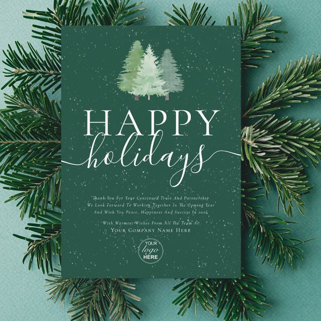 Modern Glad helg Snowy Woodland Business Logotyp Julkort (Watercolor snowy woodland Modern happy holiday business logo green christmas card Elegant script)