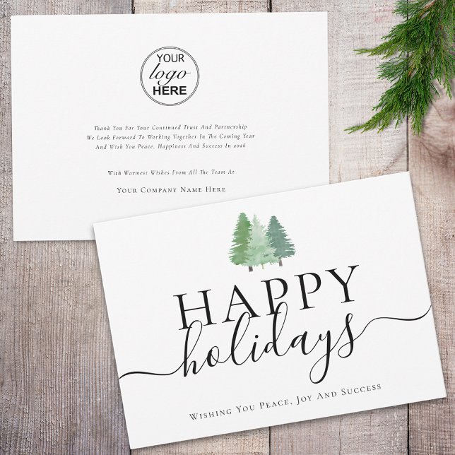Modern Glad helg Woodland Business Logotyp Julkort (Modern watercolor woodland happy holiday business logo christmas card Whimsical elegant script)