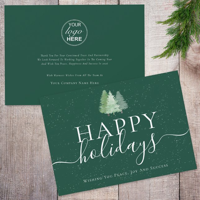 Modern Glad helg Woodland Business Logotyp Julkort (Modern watercolor woodland snow happy holiday business logo christmas green and white card )