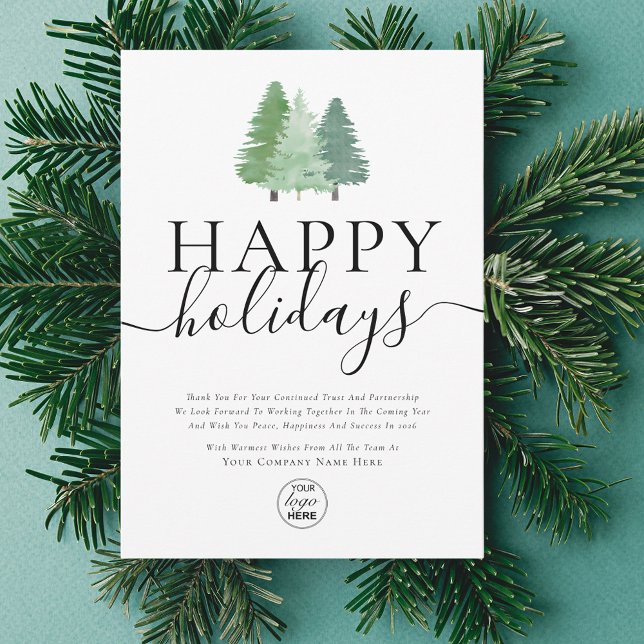 Modern Glad helg Woodland Business Logotyp Julkort (Modern woodland watercolor happy holiday business logo christmas card Elegant script nature theme)