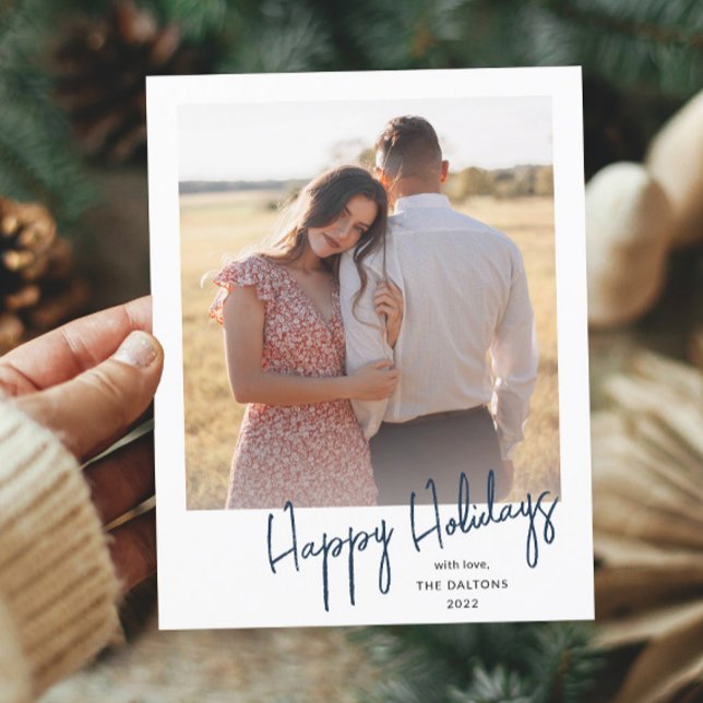 Modern Glad Jul Enkel Skript Foto Helg Vykort (Simple handwritten navy blue holiday photo postcard.)