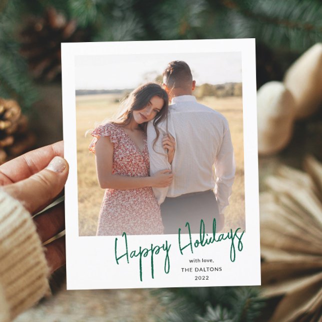 Modern Glad Jul Enkel Skript Foto Helg Vykort (Simple handwritten green holiday photo postcard.)