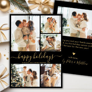 Modern Glad Jul Svart Guld 5 Foto Collage Julkort