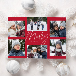 Modern glad julskrift röd 6-foto julcollage julkort