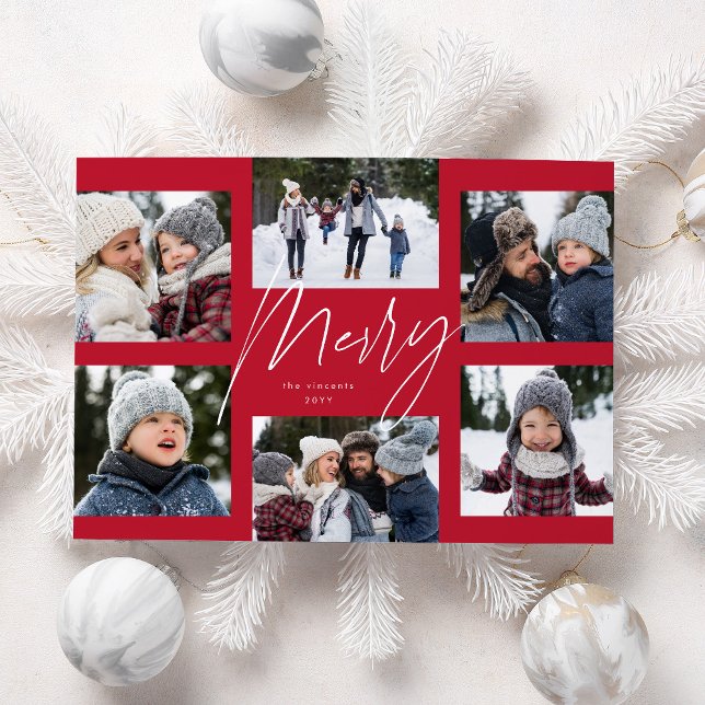 Modern glad julskrift röd 6-foto julcollage julkort (Skapare uppladdad)