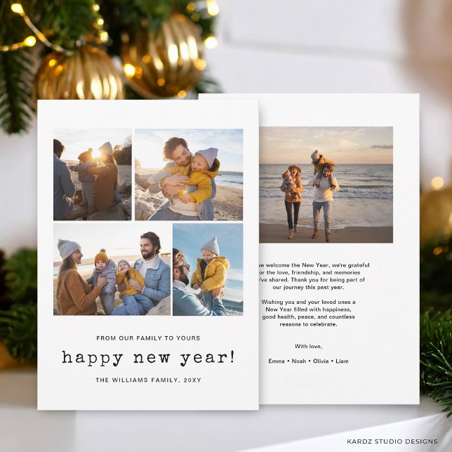 Modern Glad Nyår 4 fotokollage Julkort (Front and back of New Years Holiday Card shown in 5x7 in. Customize and choose size, paper + corner.)