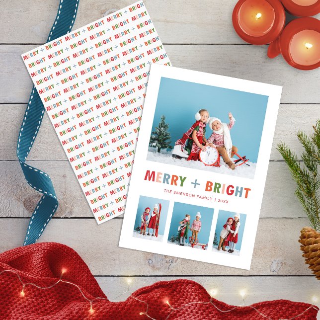 Modern Glad och Ljus Fotokollage Julkort (Modern Merry and Bright Photo Collage Holiday Card
)