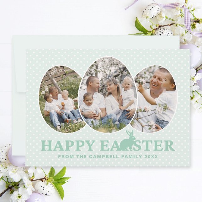 Modern Glad påsk Bunny Pastel Mint Photo Eggs Julkort (Easter family photo collage card with 3 egg-shaped photo frames, pastel mint text and bunny.)