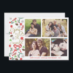 Modern glädje till världen semestrar fotokortet julkort<br><div class="desc">Fotografi av Gabriela Koopmans @ www.gabriela-photography.com Elegant julkort med ställen för fyra foto. Mistletoe, blommor, röda bär och barrträdkottar som illustreras samman med ett rött band. Det läser "glädje till världen" i finare, trendig skrivar typsnitt. Personifiera det med dina efternamn och foto. *** BEHAR NOTERAR att, om du ändrar stilsorten...</div>