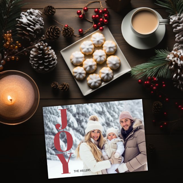 Modern Glädje Typografi Minimal 1 Foto Tartan Ruti Julkort (Modern Joy Typography Minimal 1 Photo Tartan Plaid Holiday Card)