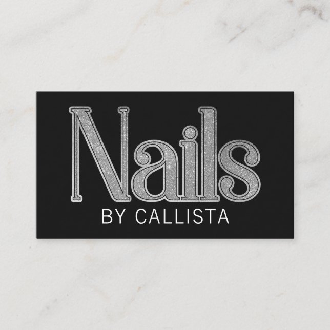 Modern Glam Black Silver Glitter Nagel Visitkort (Framsida)