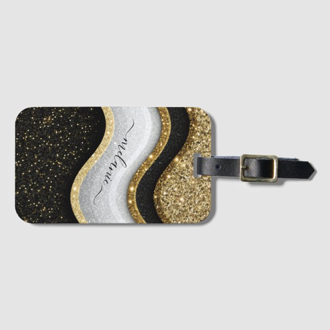 Modern Glam Black White Guld Glitter Namn Bagagebricka (Framsida horisontal)