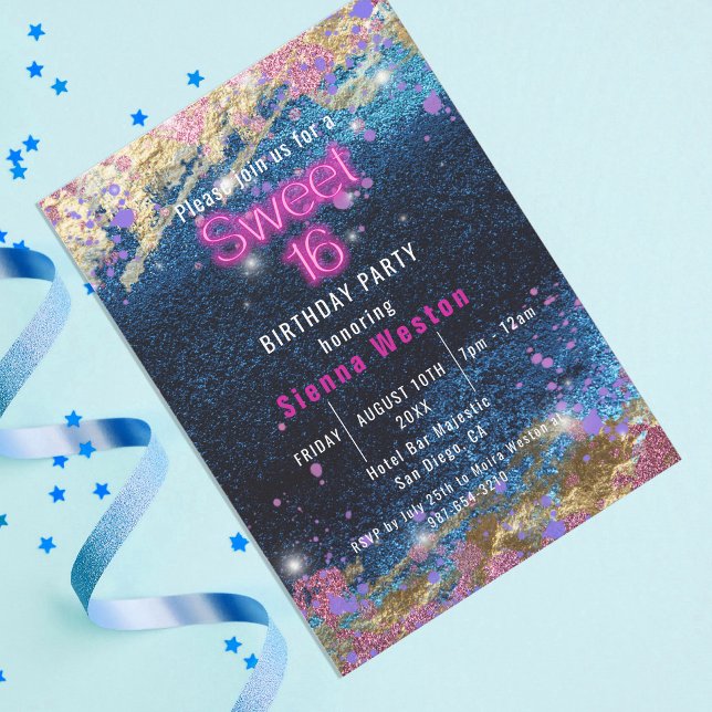 Modern Glam Blue Glitter Hett Neon Rosa Sweet 16 Inbjudningar (Skapare uppladdad)