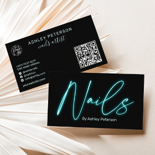 Modern glam blue neon nagel-skript logotyp qr-kod visitkort