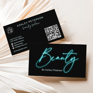 Modern glam blue neon skönhetskript logotyp qr kod visitkort