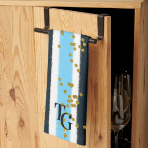Modern Glam Blue Rand Guld Glitter Monogram Kökshandduk