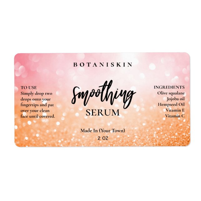 Modern Glam Bokeh Rosa Orange Ansikte Serum Labels Fraktsedel (Framsidan)