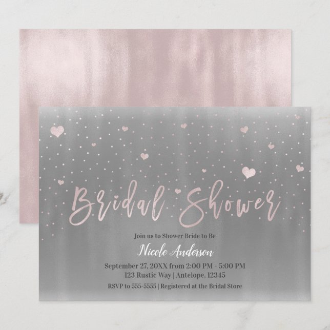 Modern Glam Bröllopsdusch Silver Grå Rosa Hjärtan Inbjudningar (Fram/baksida)