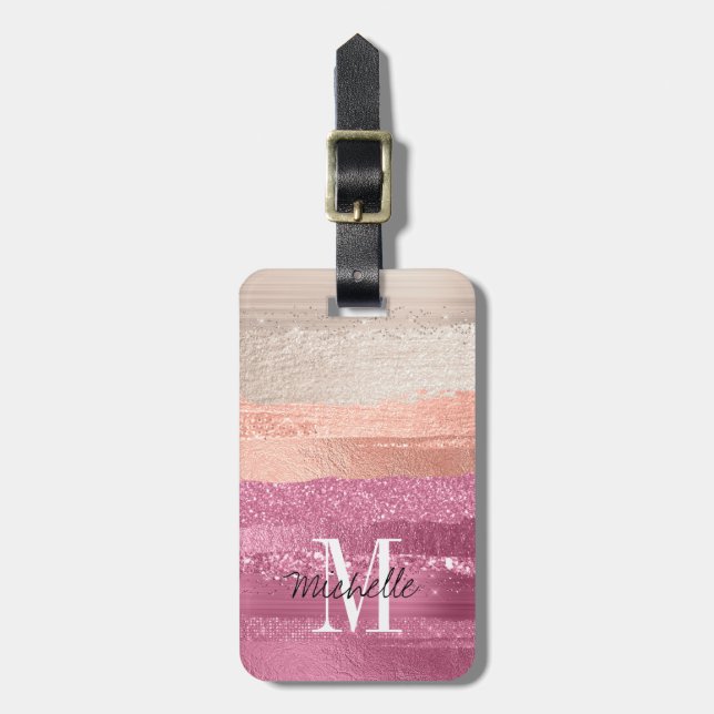 Modern Glam Brush Glitter  Shock rosa Monogram Bagagebricka (Vertikal Framsida)