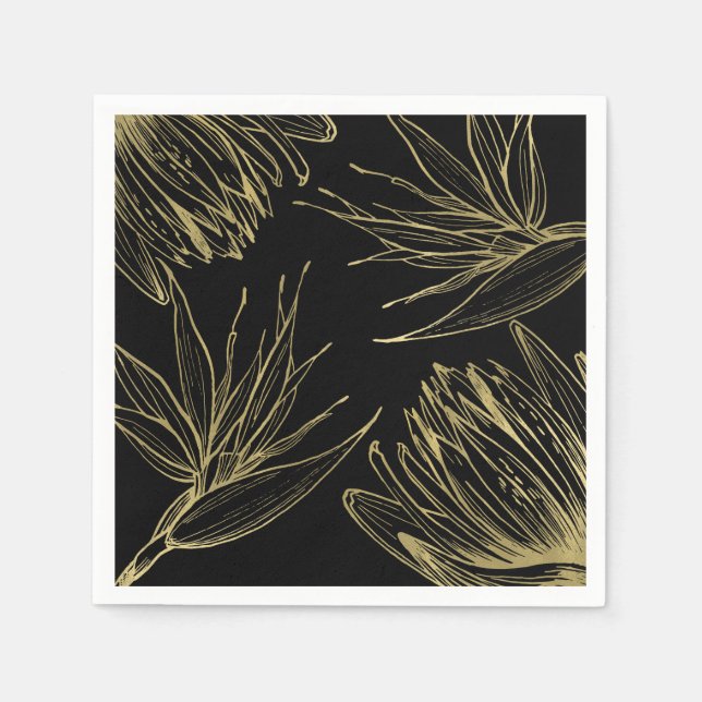 Modern Glam Guld & Black Tropical Botanical Blommi Pappersservett (Framsidan)