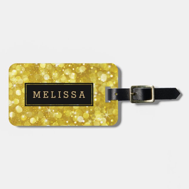 Modern Glam Guld bokeh Glitter Black-accent Bagagebricka (Horisontell Framsida)