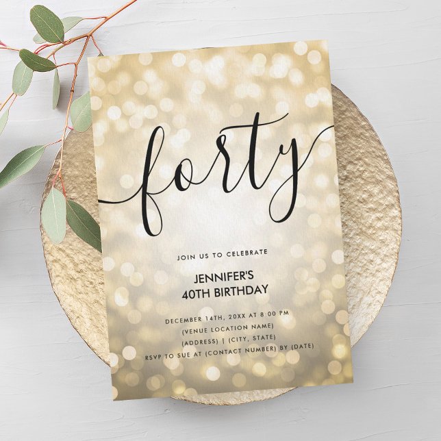 Modern Glam Guld Glitter Ljus, 40:e födelsedag Inbjudningar (Modern Glam Gold Glitter Lights 40th Birthday Invitation)