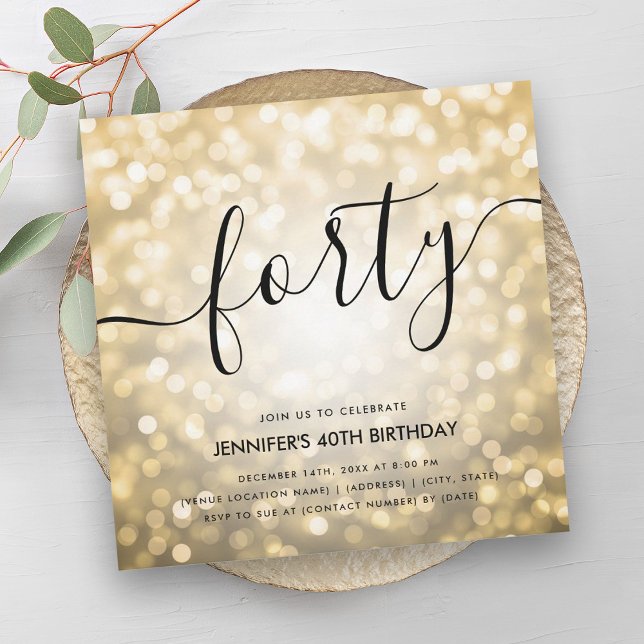 Modern Glam Guld Glitter Ljus, 40:e födelsedag Inbjudningar (Modern Glam Gold Glitter Lights 40th Birthday Invitation)