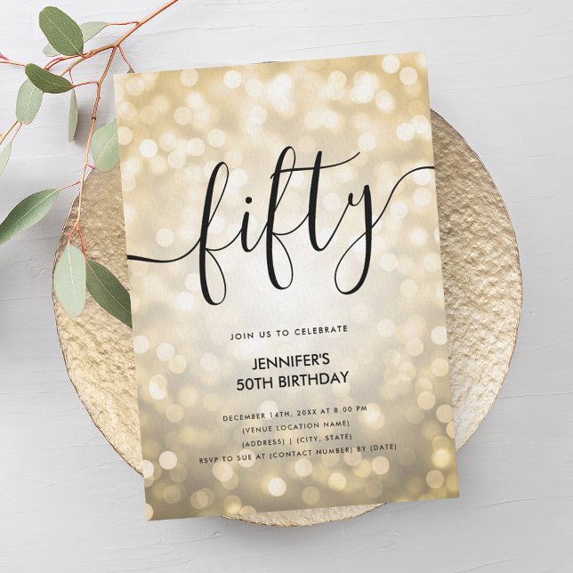 Modern Glam Guld Glitter Ljus 50:e födelsedagen Inbjudningar (Modern Glam Gold Glitter Lights 50th Birthday Invitation)