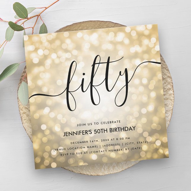 Modern Glam Guld Glitter Ljus 50:e födelsedagen Inbjudningar (Modern Glam Gold Glitter Lights 50th Birthday Invitation)