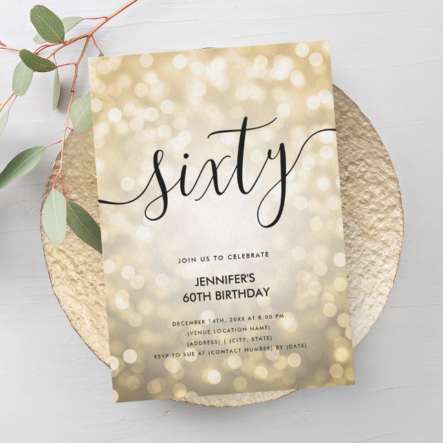 Modern Glam Guld Glitter Ljus 60:e födelsedagen Inbjudningar (Modern Glam Gold Glitter Lights 60th Birthday Invitation)