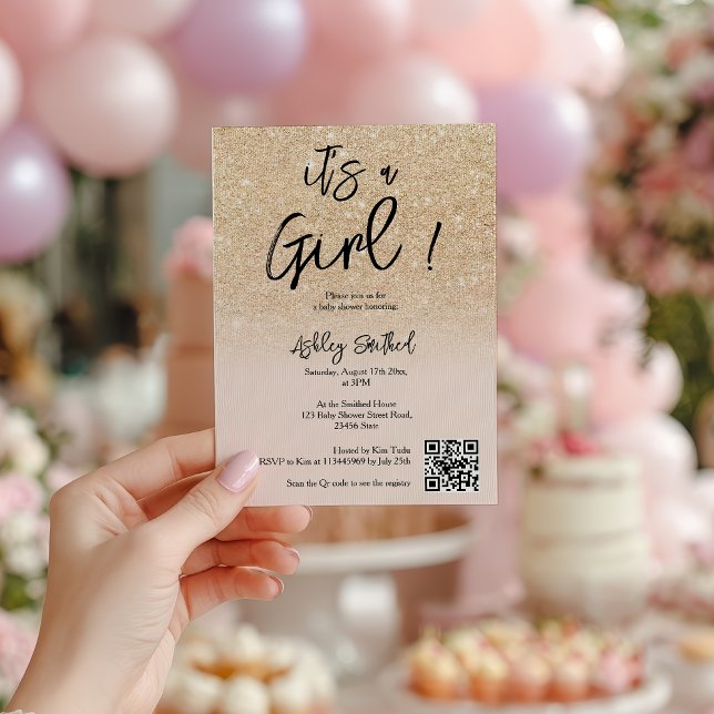 Modern Glam Guld Glitter Rosa  Ombre Girl Baby Sho Inbjudningar (Modern Glam Gold Glitter Pink Ombre Girl Baby Show Invitation)